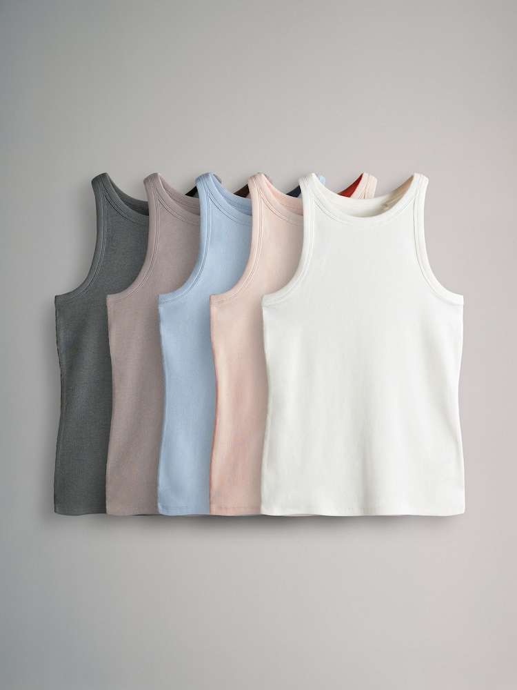 The Set Grey/Blue/White/Light Pink/Taupe Brown 5 Pack Ribbed Racer Vests - Image 1 of 6