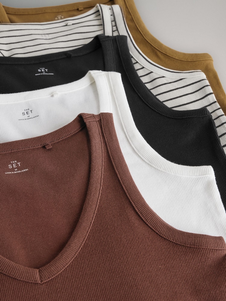 The Set Black/Khaki Green/White/Red/Ecru Stripe 5 Pack V-Neck Ribbed Vests - Image 13 of 13