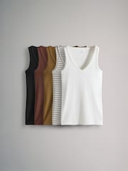 The Set Black/Khaki Green/White/Red/Ecru Stripe 5 Pack V-Neck Ribbed Vests - Image 2 of 13