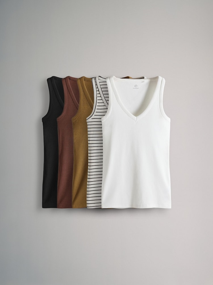 The Set Black/Khaki Green/White/Red/Ecru Stripe 5 Pack V-Neck Ribbed Vests - Image 2 of 13