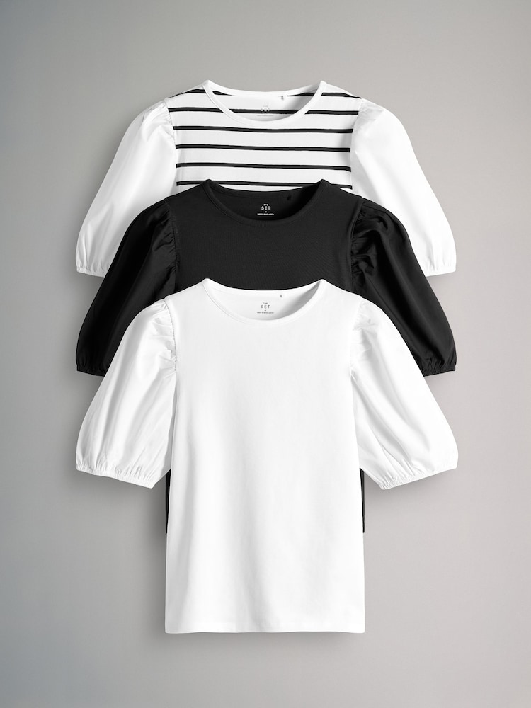 The Set Black/White/Black and White Stripe 3 Pack Poplin Sleeve Tops - Image 2 of 11