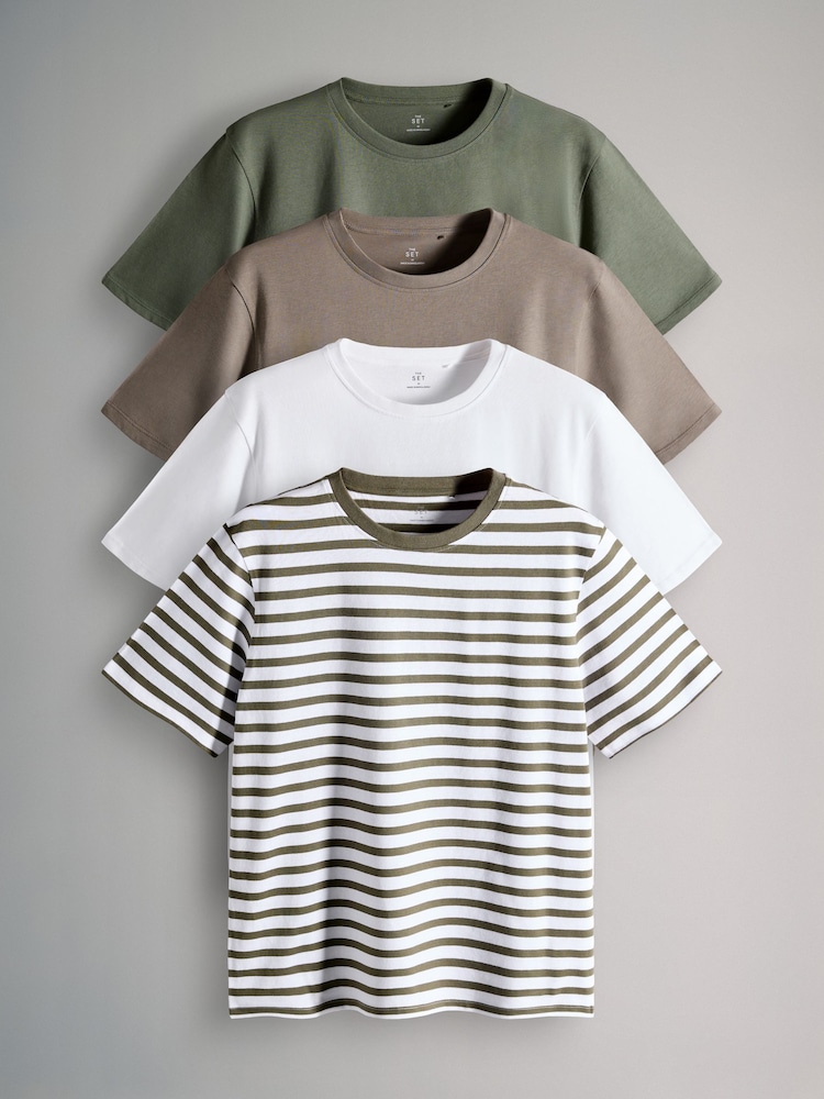 The Set Green/Grey Marl/White/Green Stripe 4 Pack Short Sleeved Relaxed T-Shirts - Image 1 of 7