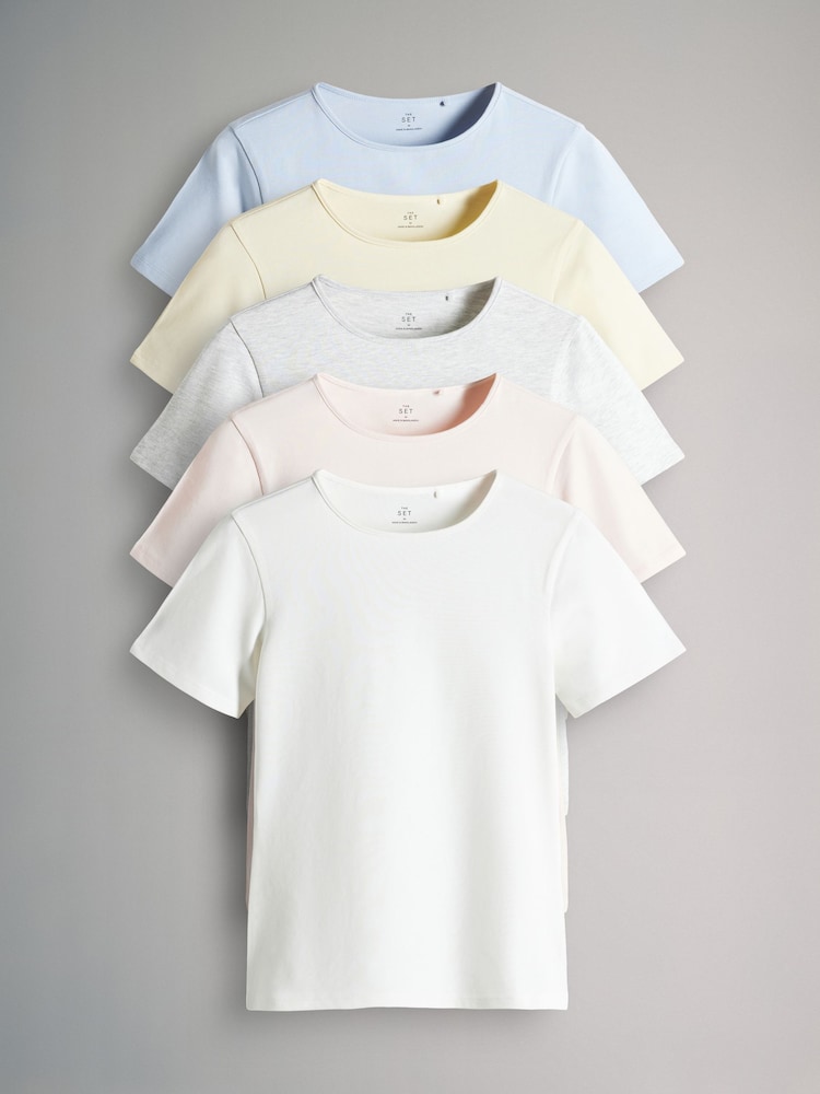 The Set Pastel Pink/Yellow/Pastel Blue/Grey Marl/Cream Short Sleeve 5 Pack Fitted Crew Neck T-Shirts - Image 1 of 8