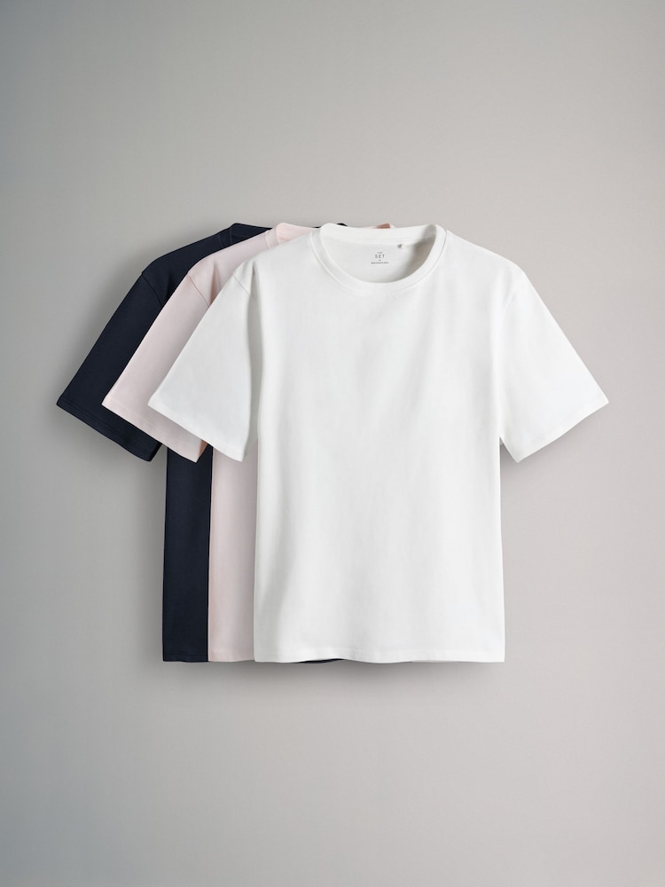 The Set Navy/Cream/Peach Short Sleeve 3 Pack Relaxed Short Sleeved 100% Cotton T-Shirts - Image 1 of 6