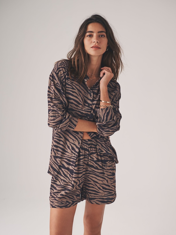 The Set Animal Zebra Print Crinkle Coord Shirt And Short Set - Image 1 of 9