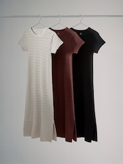 The Set Black/Red/Ecru Stripe 3 Pack Ribbed Short Sleeved Bodycon Midi Dress - Image 2 of 9
