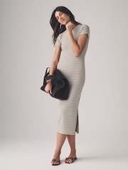 The Set Black/Red/Ecru Stripe 3 Pack Ribbed Short Sleeved Bodycon Midi Dress - Image 3 of 9