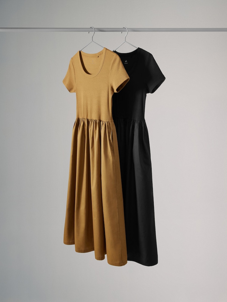 The Set Green/Black 2 Pack Ribbed Short Sleeve Jersey Woven Mix Midi Dresses - Image 2 of 9