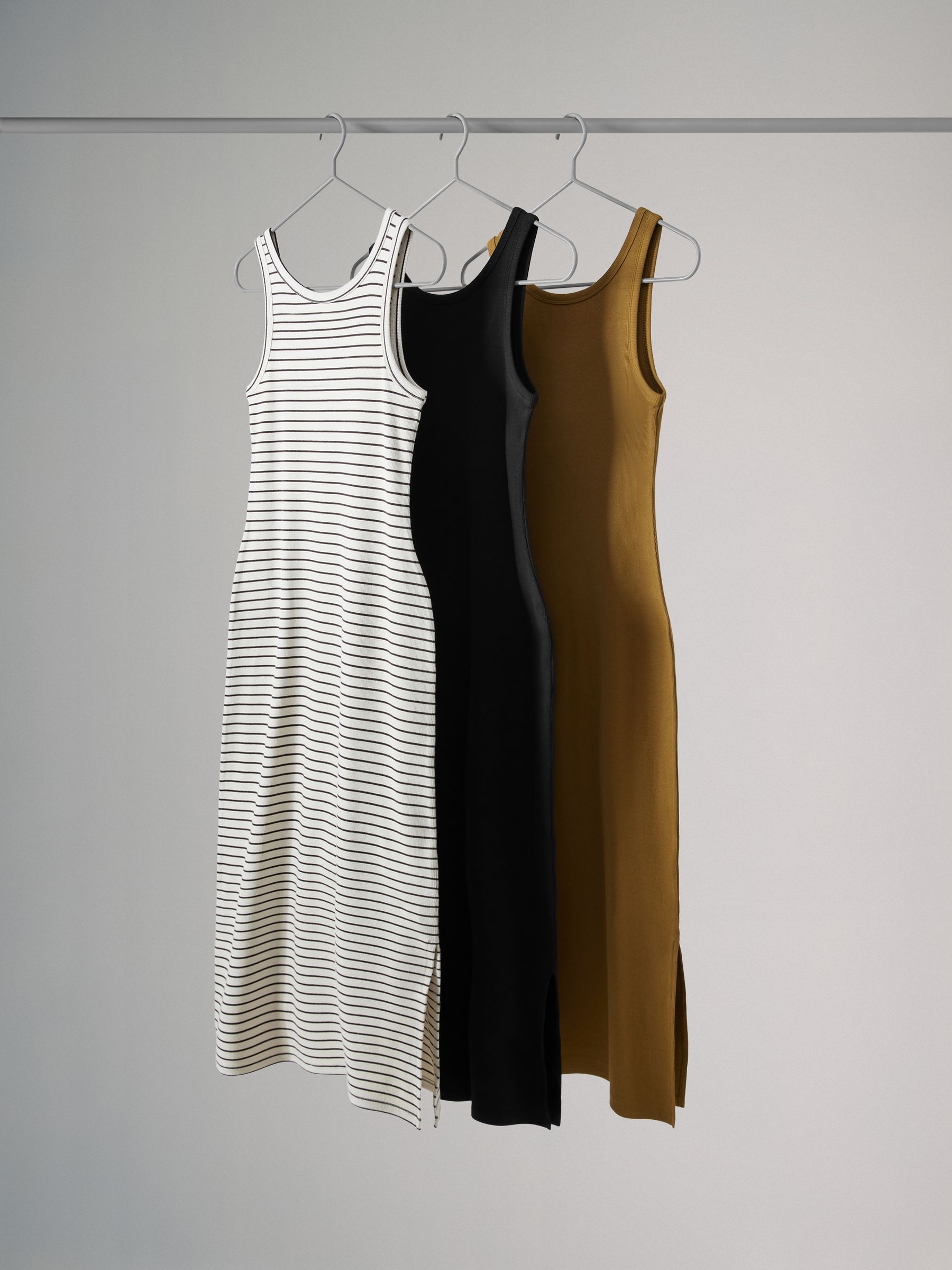 The Set Black/Khaki Green/Neutral Stripe Scoop Neck Ribbed Vest Midi Dress 3 Pack