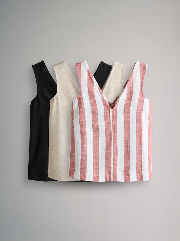 The Set Black/Neutral/Clay Stripe 3 Pack V-Neck Shell Tops with Linen - Image 2 of 13 The Set Black/Neutral/Clay Stripe 3 Pack V-Neck Shell Tops with Linen - Image 2 of 13