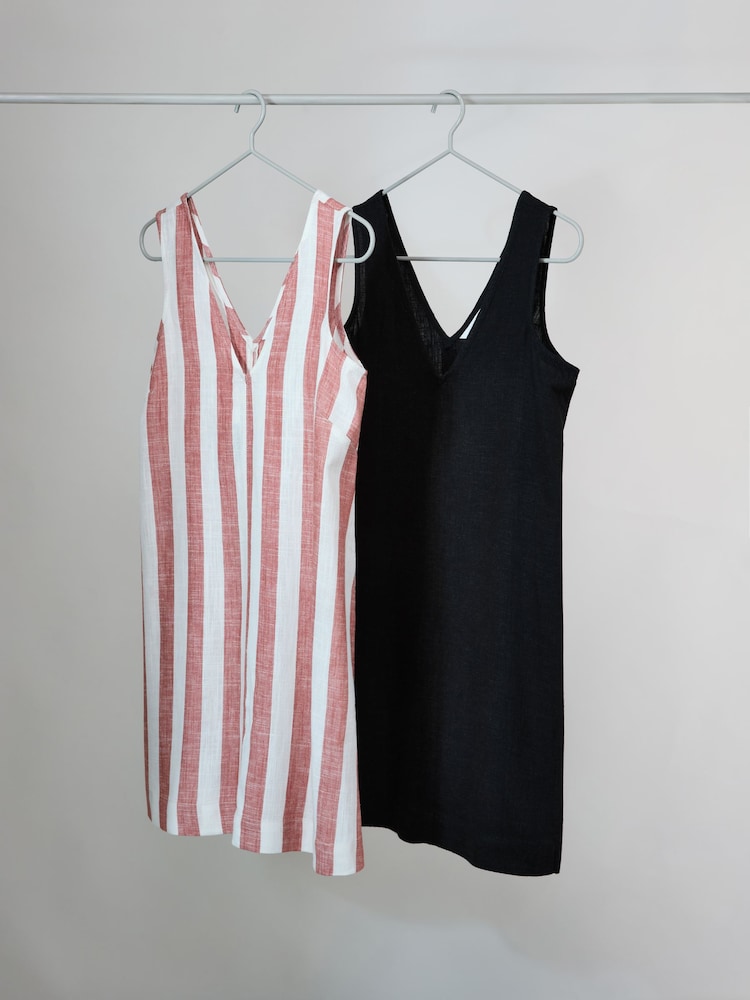 The Set Black/Clay Stripe 2 Pack V-Neck Shift Dress with Linen - Image 2 of 10 The Set Black/Clay Stripe 2 Pack V-Neck Shift Dress with Linen - Image 2 of 10