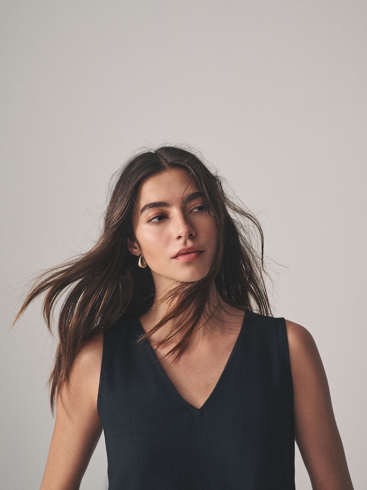 The Set Black/Clay Stripe 2 Pack V-Neck Shift Dress with Linen - Image 6 of 6