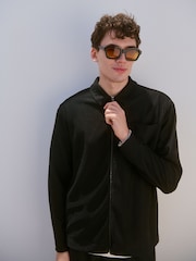 Black Plisse Zip Shacket - Image 1 of 9