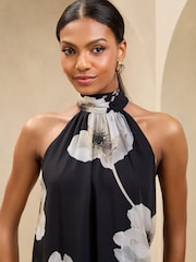 Lipsy Black/White Floral Print Halter Mini Swing Dress - Image 3 of 4