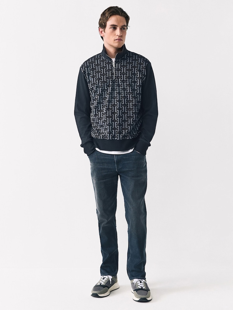 Black Geometic Flocking Print Quarter Zip Neck Sweater - Image 1 of 7
