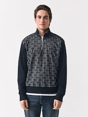 Black Geometic Flocking Print Quarter Zip Neck Sweater - Image 2 of 7