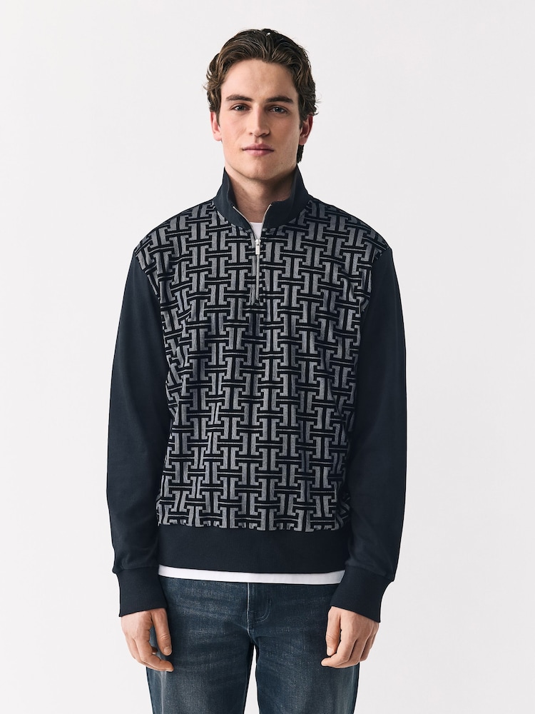 Black Geometic Flocking Print Quarter Zip Neck Sweater - Image 2 of 7