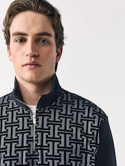 Black Geometic Flocking Print Quarter Zip Neck Sweater - Image 4 of 7