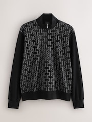 Black Geometic Flocking Print Quarter Zip Neck Sweater - Image 5 of 7