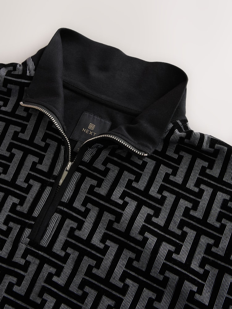 Black Geometic Flocking Print Quarter Zip Neck Sweater - Image 7 of 7