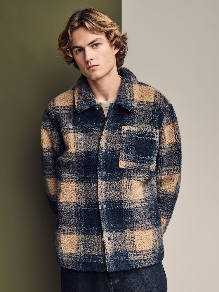 Ecru/ Navy Blue Printed Fleece Shacket - Image 1 of 10