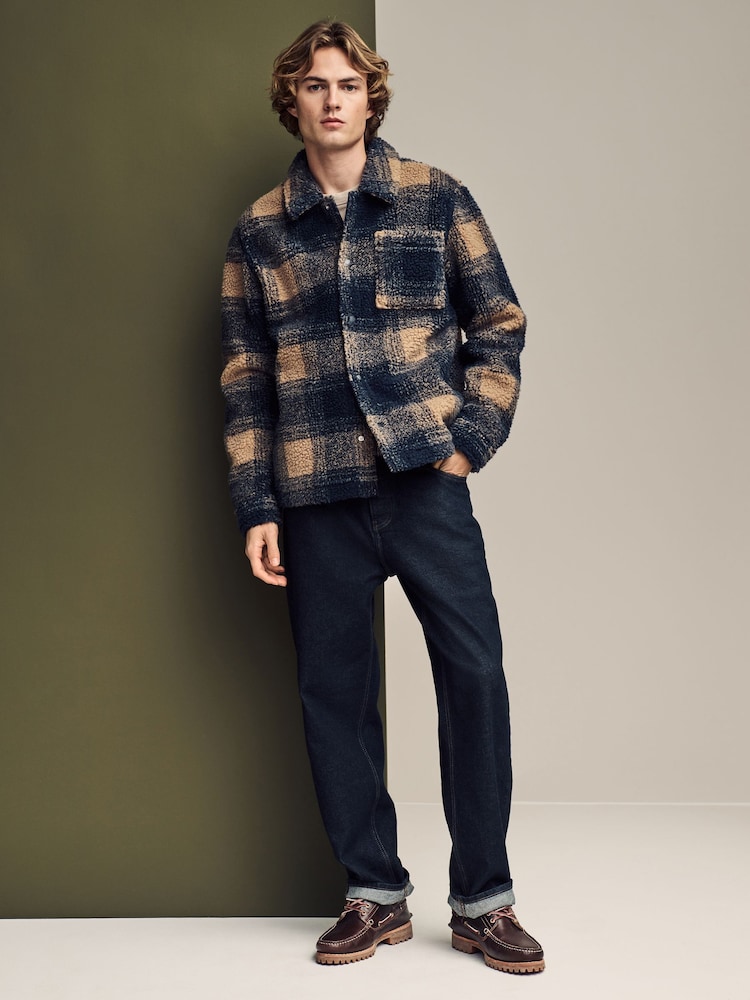 Ecru/ Navy Blue Printed Fleece Shacket - Image 2 of 10