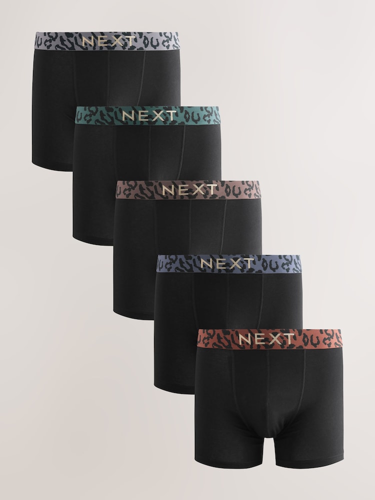Black Animal Print Waistband Trunks Boxers 5 Pack - Image 1 of 9