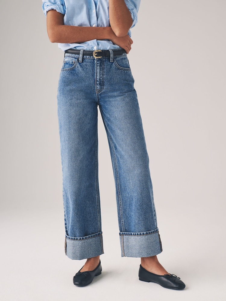 The Set Mid Blue/Dark Blue 2 Pack Wide Leg Turn Up Hem Jeans - Image 3 of 11