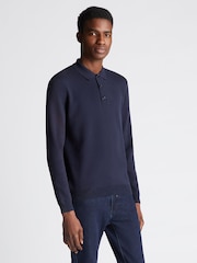 Remus Uomo Blue Long Sleeve Knited Polo Shirt - Image 1 of 6