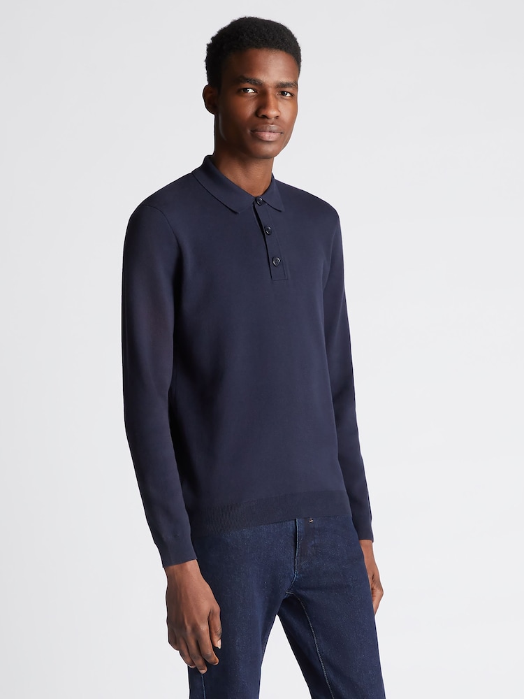 Remus Uomo Blue Long Sleeve Knited Polo Shirt - Image 1 of 6 Remus Uomo Blue Long Sleeve Knited Polo Shirt - Image 1 of 6