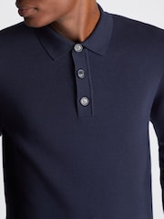 Remus Uomo Blue Long Sleeve Knited Polo Shirt - Image 5 of 6