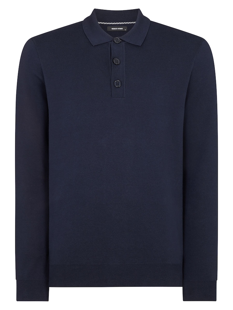 Remus Uomo Blue Long Sleeve Knited Polo Shirt - Image 6 of 6 Remus Uomo Blue Long Sleeve Knited Polo Shirt - Image 6 of 6