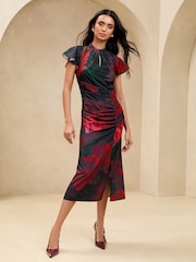Lipsy Black Floral Short Sleeve Ruched Keyhole Fit And Flare Midi Dress - Image 1 of 4