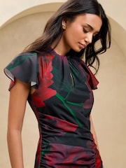 Lipsy Black Floral Short Sleeve Ruched Keyhole Fit And Flare Midi Dress - Image 3 of 4