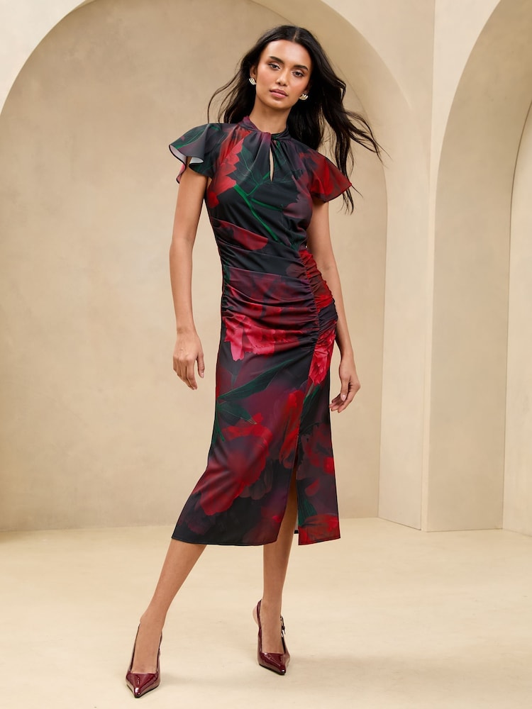 Negro floral - Lipsy Short Sleeve Ruched Keyhole Fit And Flare Midi Dress - Imagen 1 de 4