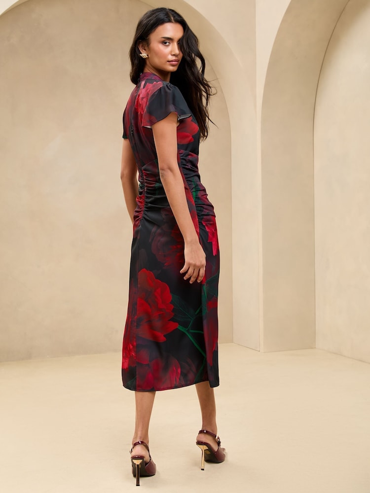 Negro floral - Lipsy Short Sleeve Ruched Keyhole Fit And Flare Midi Dress - Imagen 2 de 4