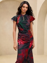Negro floral - Lipsy Short Sleeve Ruched Keyhole Fit And Flare Midi Dress - Imagen 3 de 4