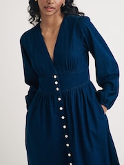 Nobodys Child Blue Long Sleeve Denim Starlight Plain 100% Organic Cotton Midi Dress - Image 4 of 5