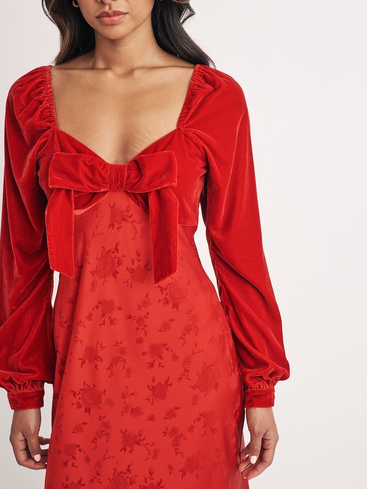 Nobodys Child Red Vicky Velvet Bow Midi Dress - Image 5 of 5