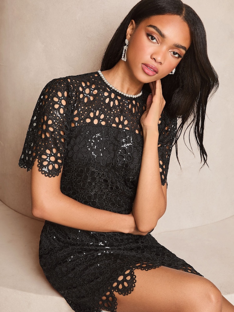 Lipsy Premium Sequin Lace Mini Shift Dress - Image 3 of 5