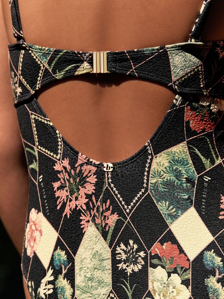 B by Ted Baker Floral Print Tummy Control Bandeau Black Swimsuit with Removable Straps - Imagen 6 de 6
