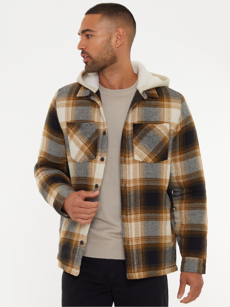 Threadbare Brown Check Shacket with Borg Lined Hood - Image 1 of 4