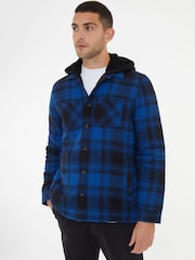 Threadbare Blue Check Shacket with Borg Lined Hood - Image 1 of 5