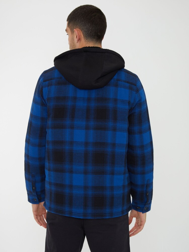 Threadbare Blue Check Shacket with Borg Lined Hood - Image 2 of 5