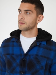 Threadbare Blue Check Shacket with Borg Lined Hood - Image 4 of 5