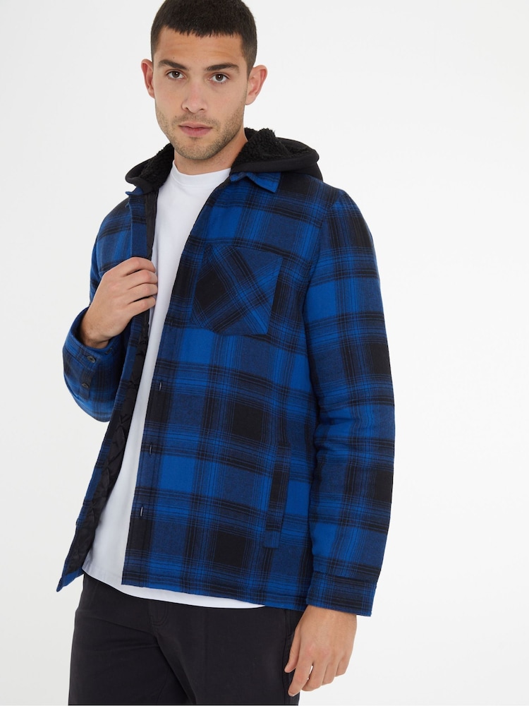 Threadbare Blue Check Shacket with Borg Lined Hood - Image 5 of 5