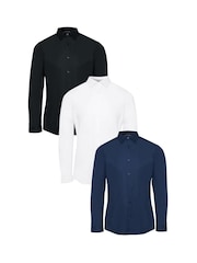 Threadbare Blue Cotton Poplin Long Sleeve Shirts 3 Pack With Stretch - Image 1 of 4