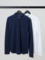 Threadbare Navy Blue/White Jersey Long Sleeve 100%Cotton Shirts 2PK - Image 1 of 5