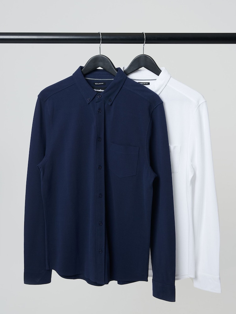 Threadbare Navy Blue/White Jersey Long Sleeve 100%Cotton Shirts 2PK - Image 1 of 5