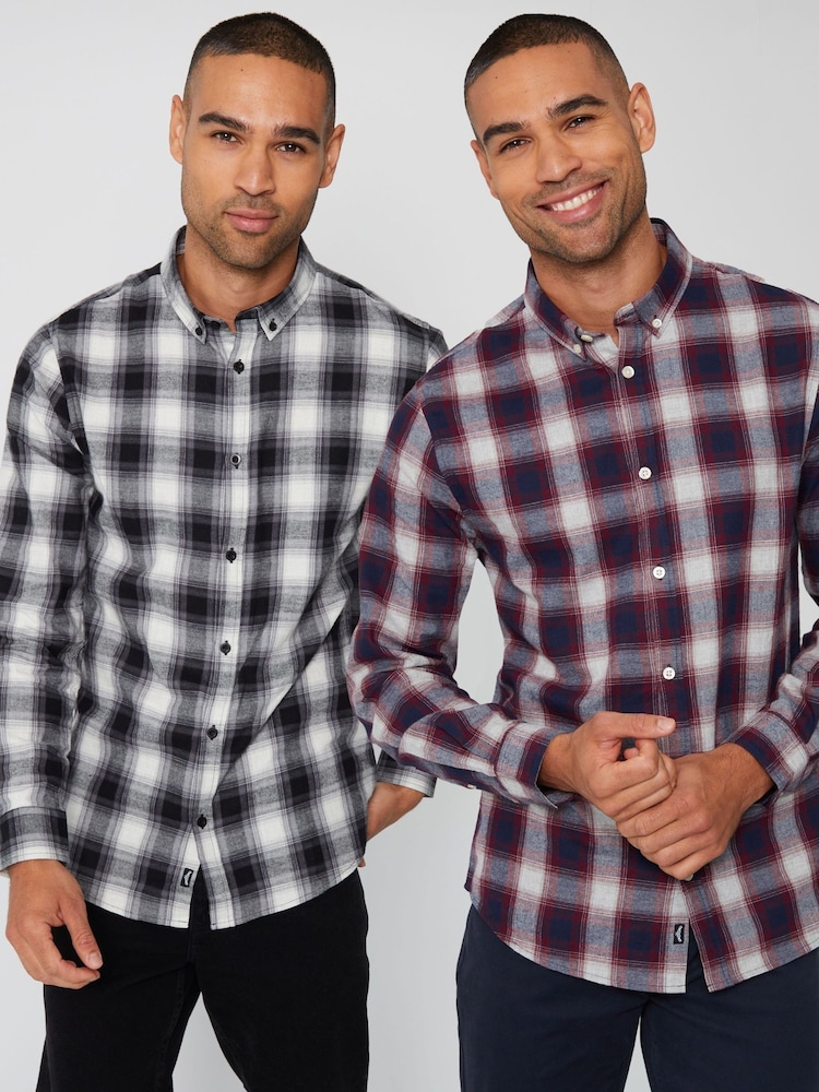 Threadbare Black/Red Flannel Long Sleeve Check 100% Cotton Shirts 2PK - Image 1 of 4